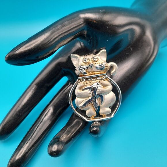 AJC Kitty Cat Fish Bowl Silver Tone Pin Brooch Vintage Signed - Picture 6 of 11